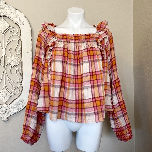 Free People Tops - Free People | Womens Pink/Orange Plaid Ruffle Long Sleeve Smock Tie Back Top